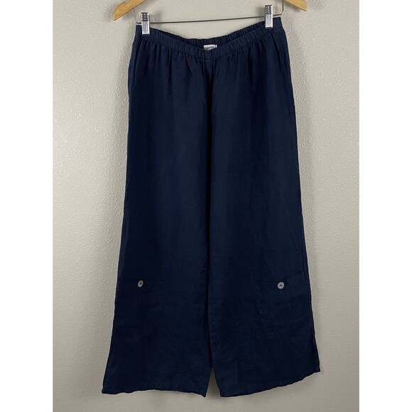 Heaven Womens Small Navy Blue 100% Linen Wide Leg Pocket Pull On Pant - Picture 1 of 5